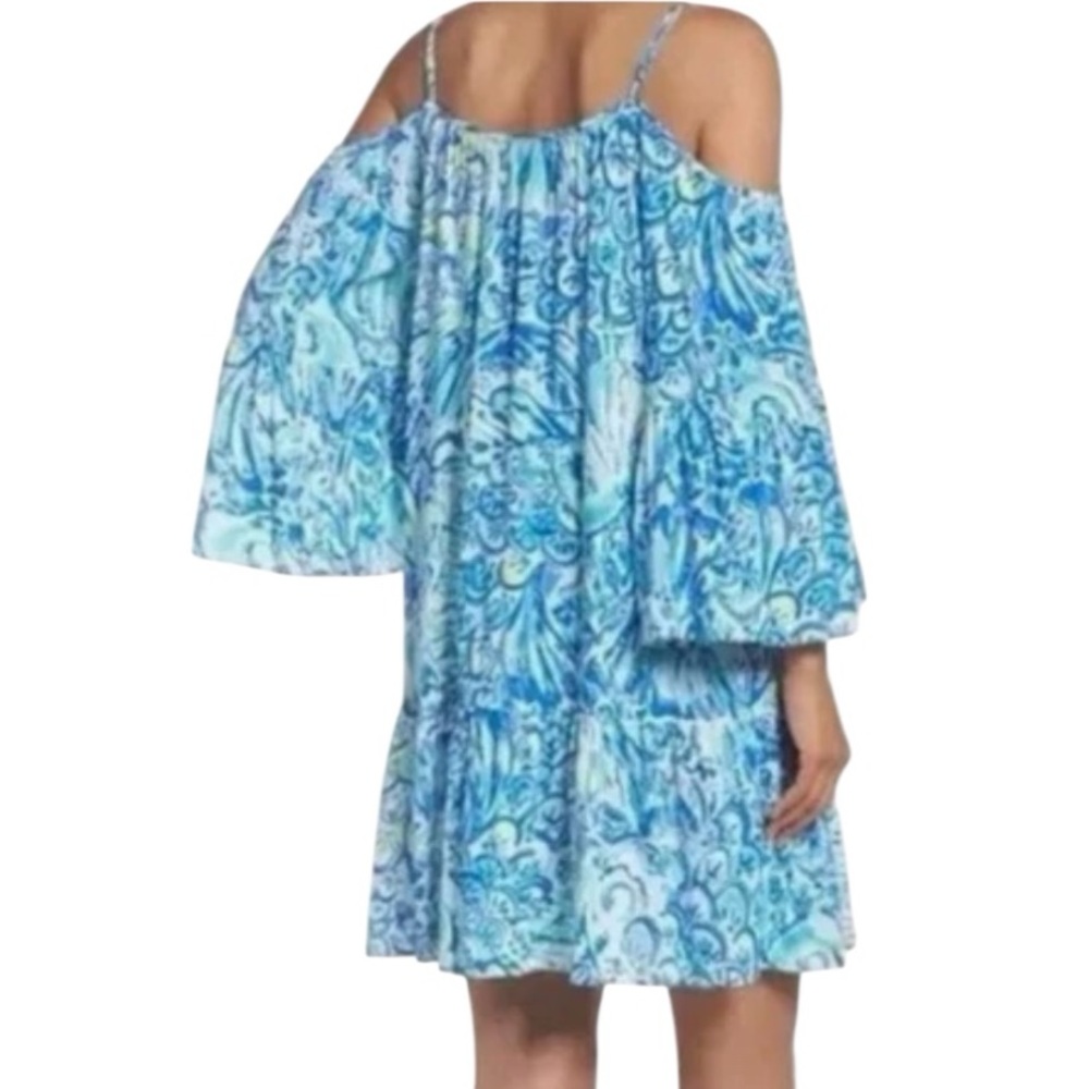 Lilly Pulitzer Cold Shoulder Mini Swing Dress w/ Yellow Accents, Yellow Tassels - Picture 4 of 6